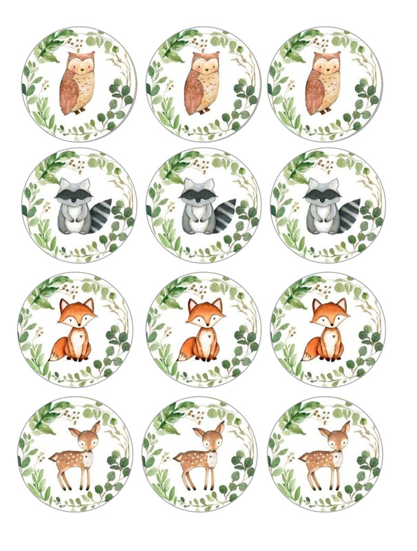 12 cute woodland animals, baby shower edible paper, cupcake cookie toppers