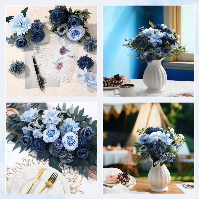 Zeyune 12 Bundles Gradient Blue Artificial Flowers Peonies Silk Dahlia Faux gallery