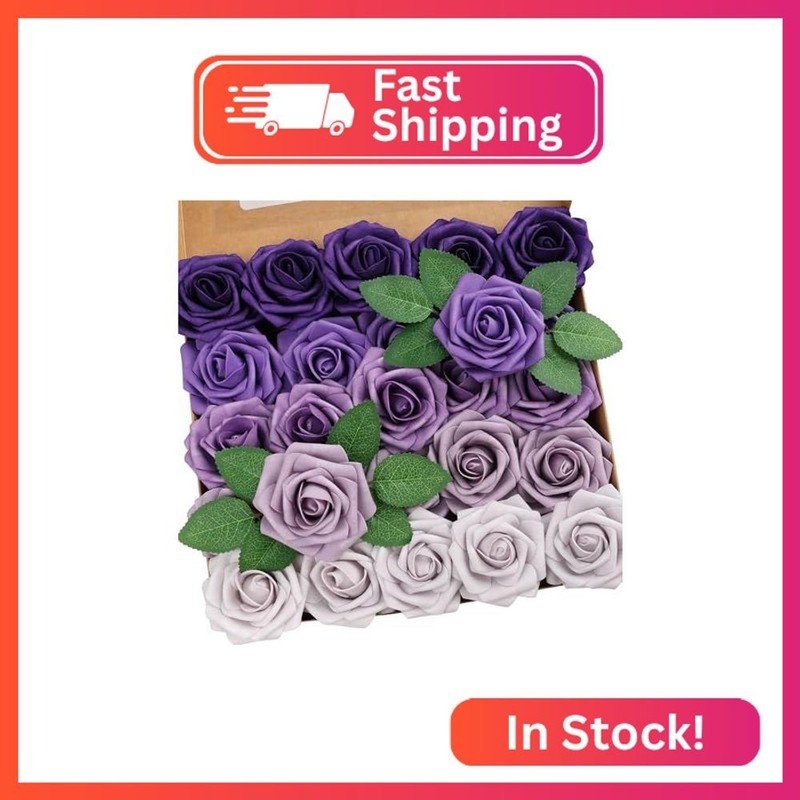 Jdsour 25pcs Artificial Flower，Real Looking Foam Roses w/Stem for DIY Wedding Bo