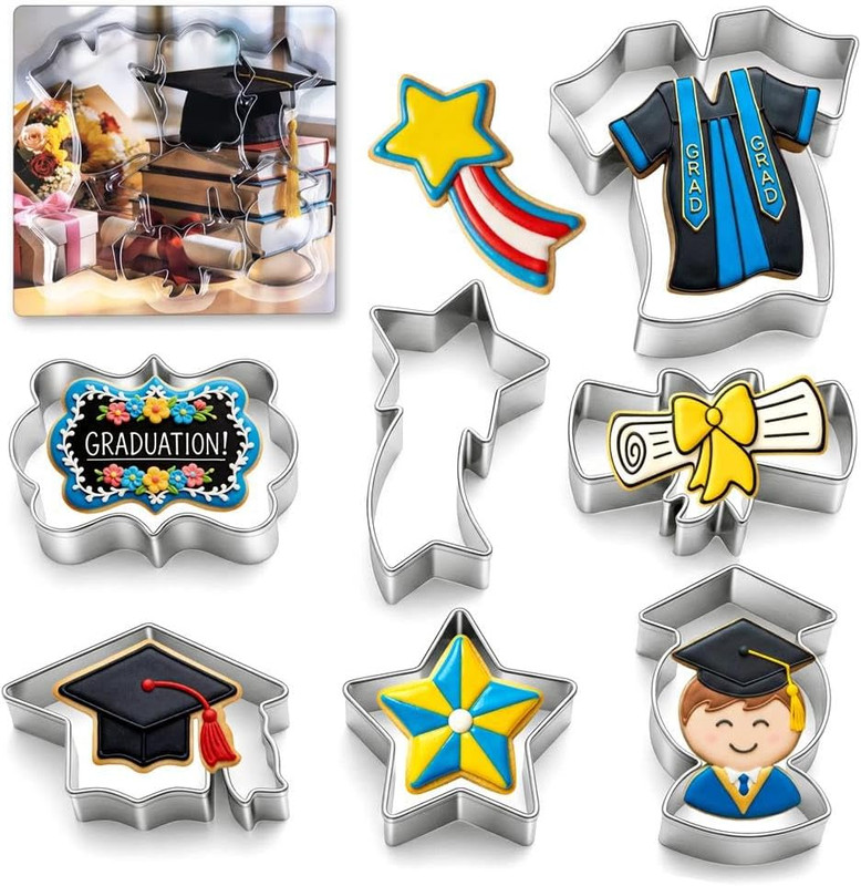 Graduation Cookie Cutters Set of 7, Stainless Steel, Cap Gown Diploma Graduate S