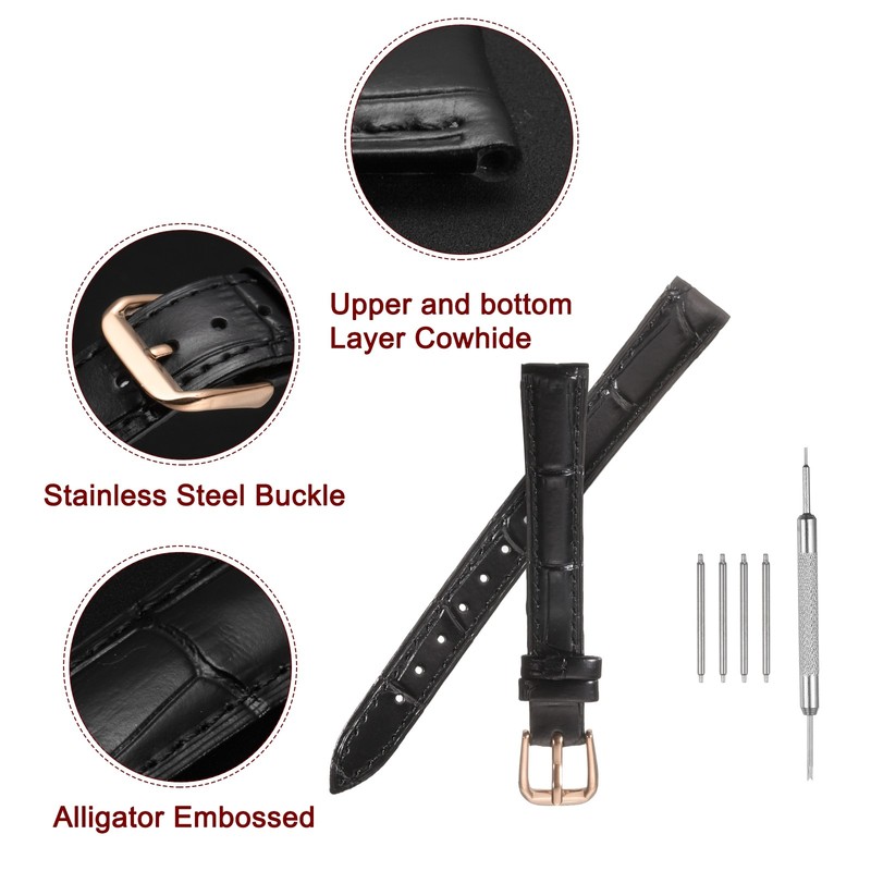 16mm Classic Leather Watch Strap for Replacement Strap Black Rose Gold gallery