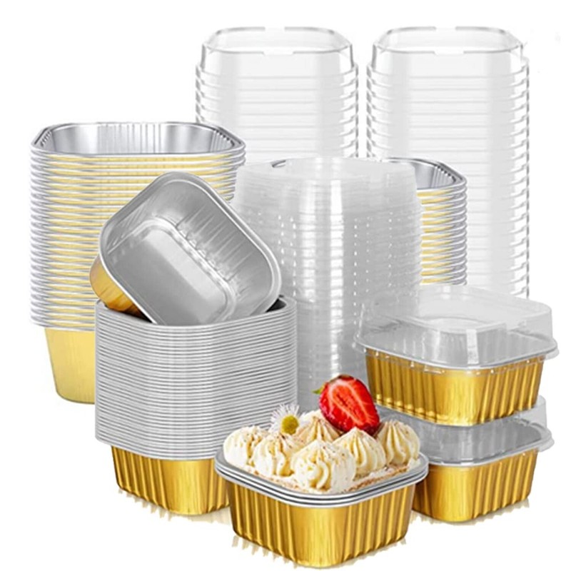 25 pcs Mini Square Baking Cups, 10 oz Aluminum Foil Mini Cake Pans with Lids,…