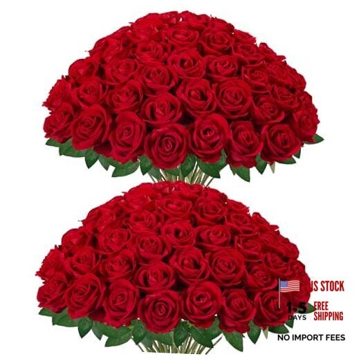 Pcs Roses Artificial Flowers, Fake Velvet Silk Rose Bulk Faux Flower 50 Red