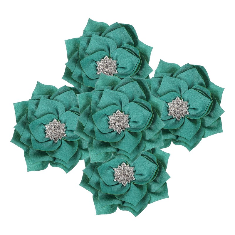 3 Inch 5 Pcs Rhinestone Pearl Chiffon Flower, Green