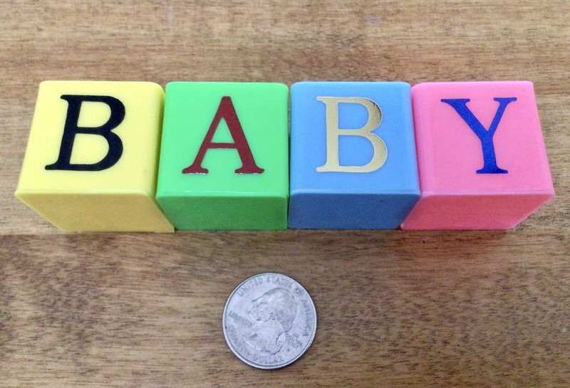 VTG Baby Blocks Cake Topper, Metallic Lettering, Four 1 1/4” Blocks, Hong Kong