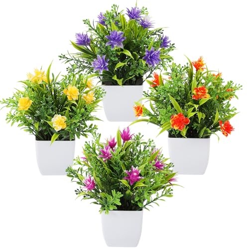 TerraVervre Fake Plants 4 Packs,Small Artificial Plants with Flowers, for Green