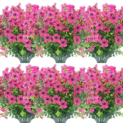 XEOLIAN 12 Bundles Artificial Flowers Outdoor UV Eucalyptus Flowers (Rose Red) gallery