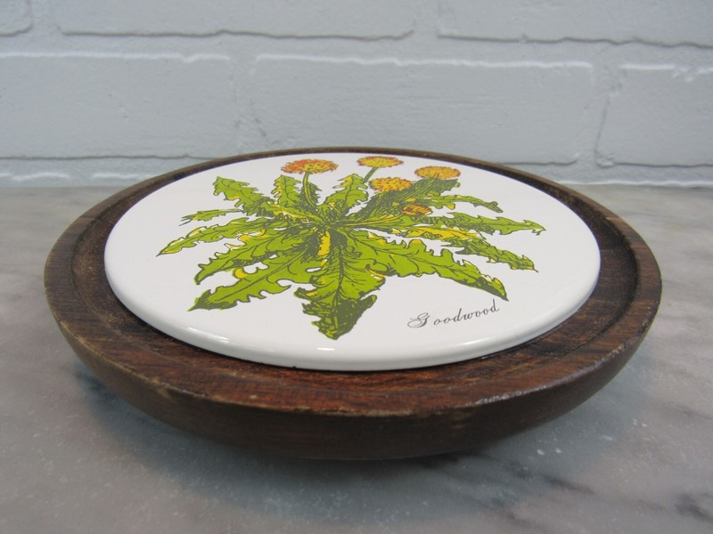 Vintage Goodwood Teak Wood TILE DANDELION Covered Glass Cheese Dome Cake MCM gallery