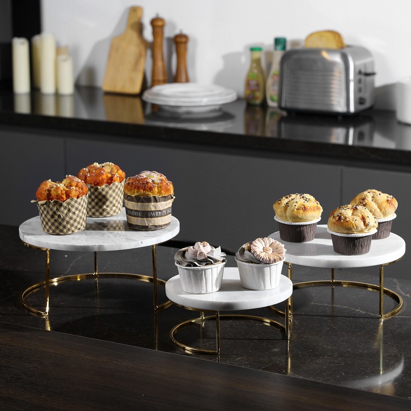 Modern White Marble Cake Stands, Brass Metal Cupcake Pedestal Risers, Set of 3 gallery