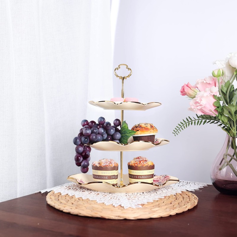 3-Tier Floral Royal Cupcake Stand, Vintage Fruit Plate with Gold Trim, Desser... gallery