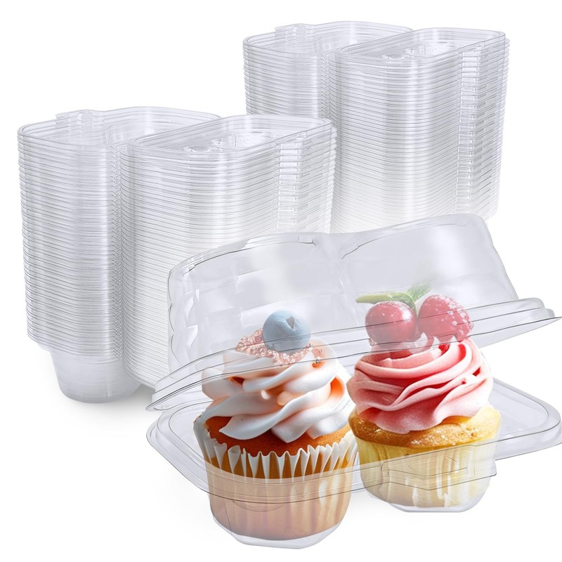 100 Pack Plastic Cupcake Containers with Lids, Disposable 2 Count Clear Cupca…