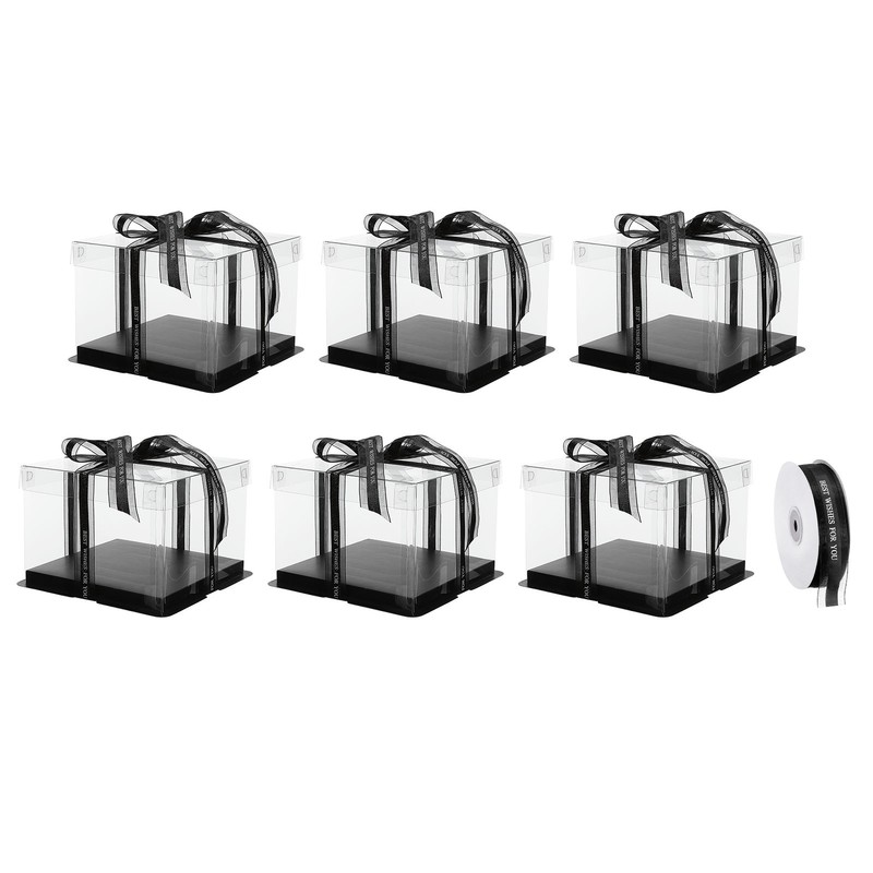 Clear Cake Box with Ribbon, 6Pcs 7"x7"x5" for 4 Inch Cake Packing (Black)