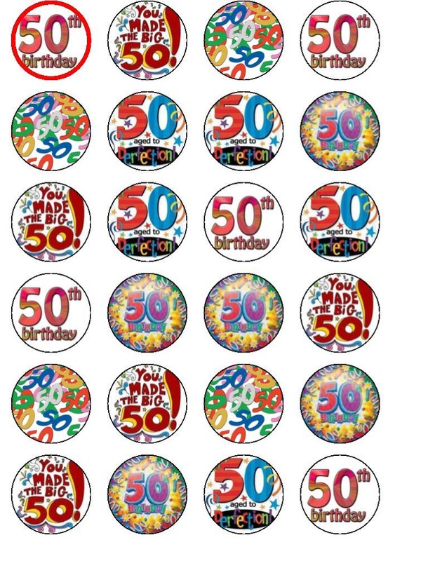 24 X PRE CUT 50TH BIRTHDAY PARTY WAFER PAPER CUP CAKE TOPPERS