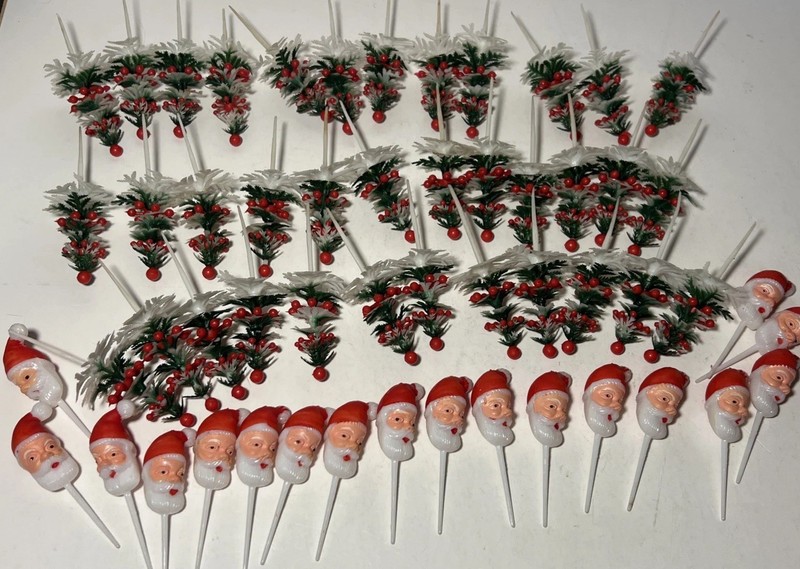 Vintage Christmas Cupcake Pick Lot Of 56! Baking Decorations Santa Claus & Trees gallery