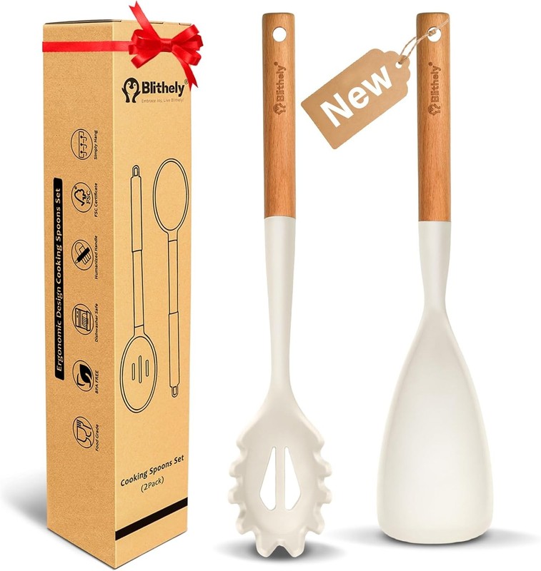 Silicone Cooking Spoon and Pasta Fork Set, 2 Pa Lar Spatula Spoons Set
