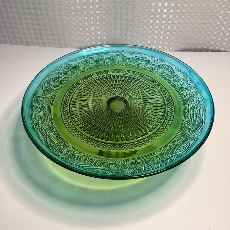 Anthropologie Color Blocked Pedestal Cake Stand Blue & Green Glass