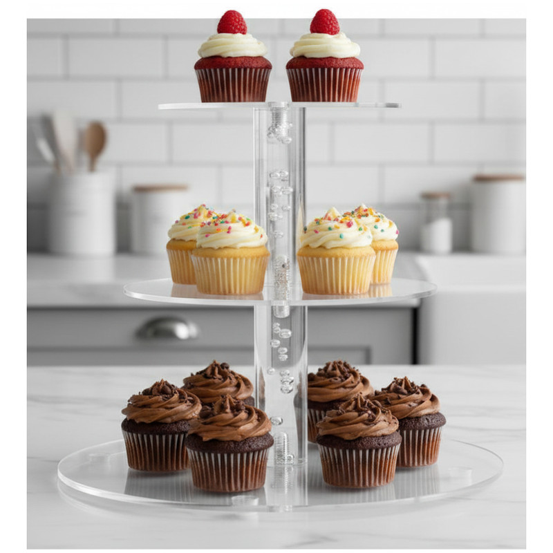 3-Tier Cupcake Stand Clear Acrylic 10", 8", 6" Round Dessert Table Display Trays gallery