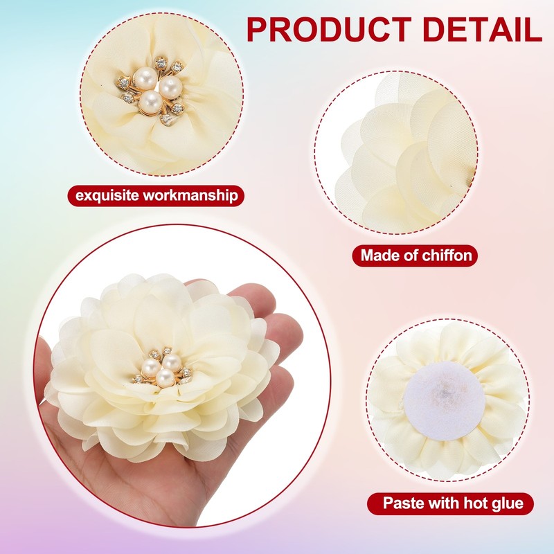 5Pcs 3.15 Inch Rhinestone Chiffon Flower Fabric Appliques Beige White gallery