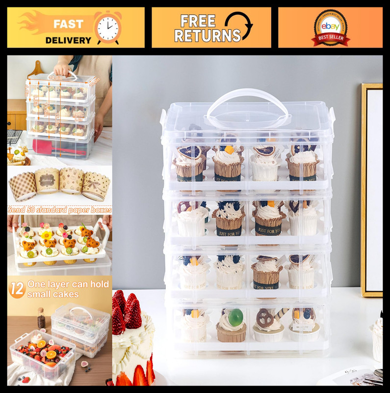 Stackable Cupcake Carrier with Lid & Handle, 50 PCS Liners, Reusable Dessert Tra