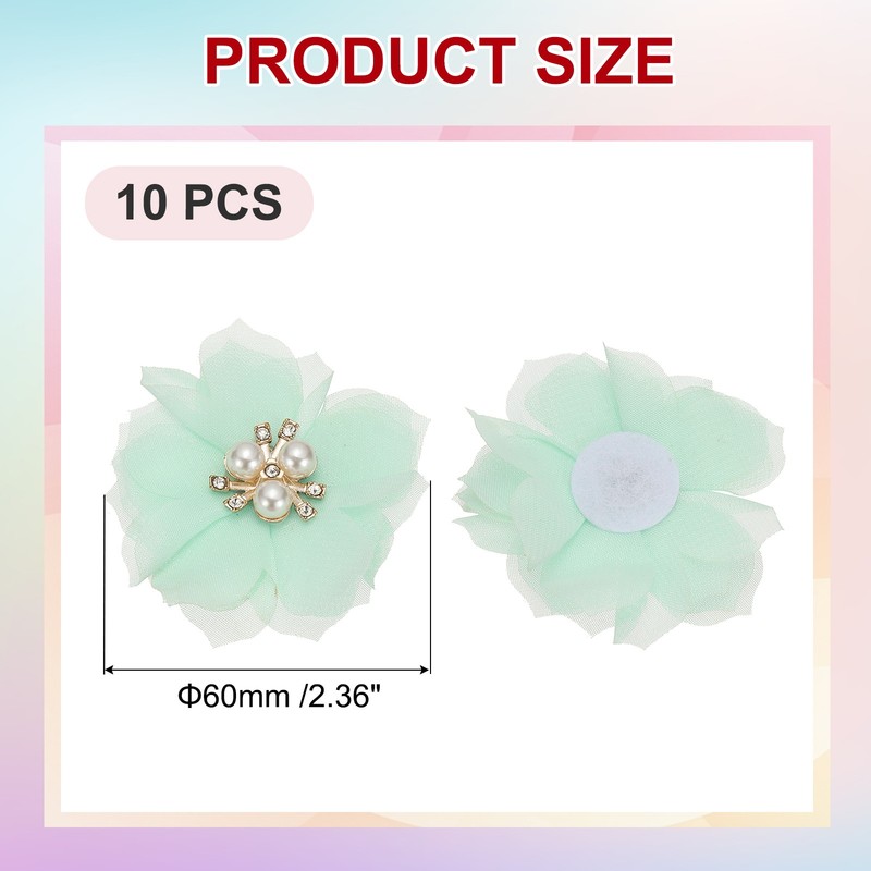 10Pcs 2.36 Inch Rhinestone Chiffon Flower Fabric Appliques Light Green gallery