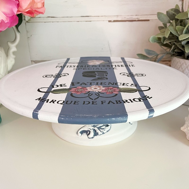 French Country Patisserie & Roses Cake Plate / Stand Riser Grain Sack Stripe gallery