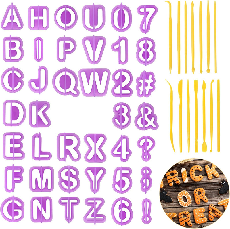 54PCS Plastic Alphabet Number Symbol Cookie Cutters and Mini Fondant Cake Decora