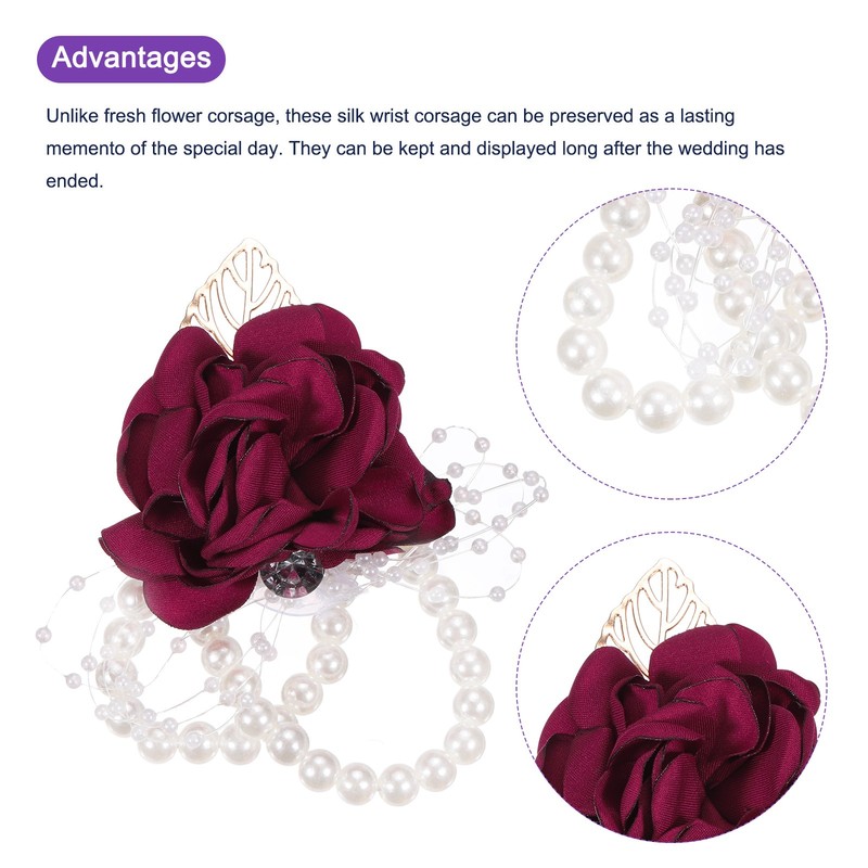 4pcs Wrist Corsage Artificial Flower Bracelets Rose Decorative 9x7cm Deep Red gallery