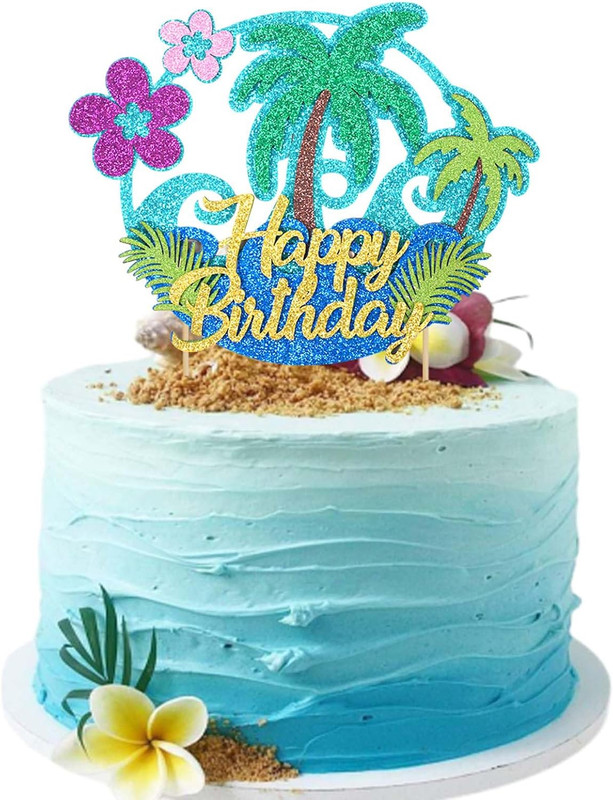 Glitter Hawaii Happy Birthday Cake Topper Palm Tree Summer Flower Ocean Hawaiian