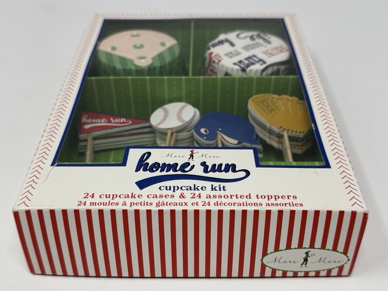VTG Meri Meri CUPCAKE DECORATIONS KIT Home Run BASEBALL Liners Wrappers Toppers gallery