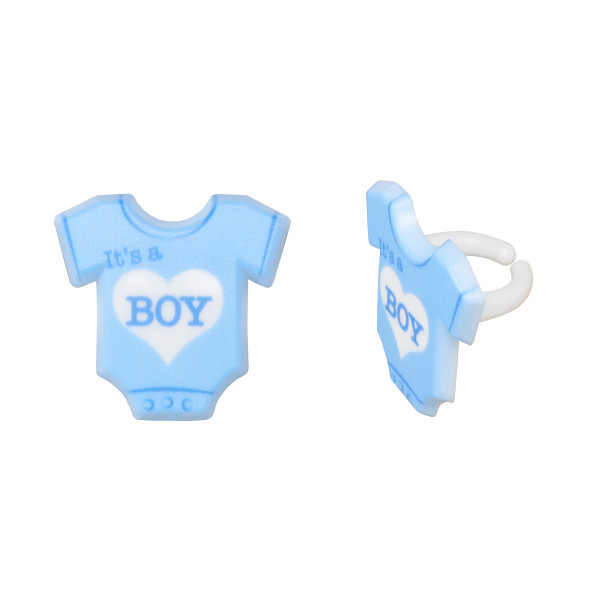 12 It's a Boy Blue Bodysuit Cupcake Rings Baby Shower Gender Reveal Party Favor gallery
