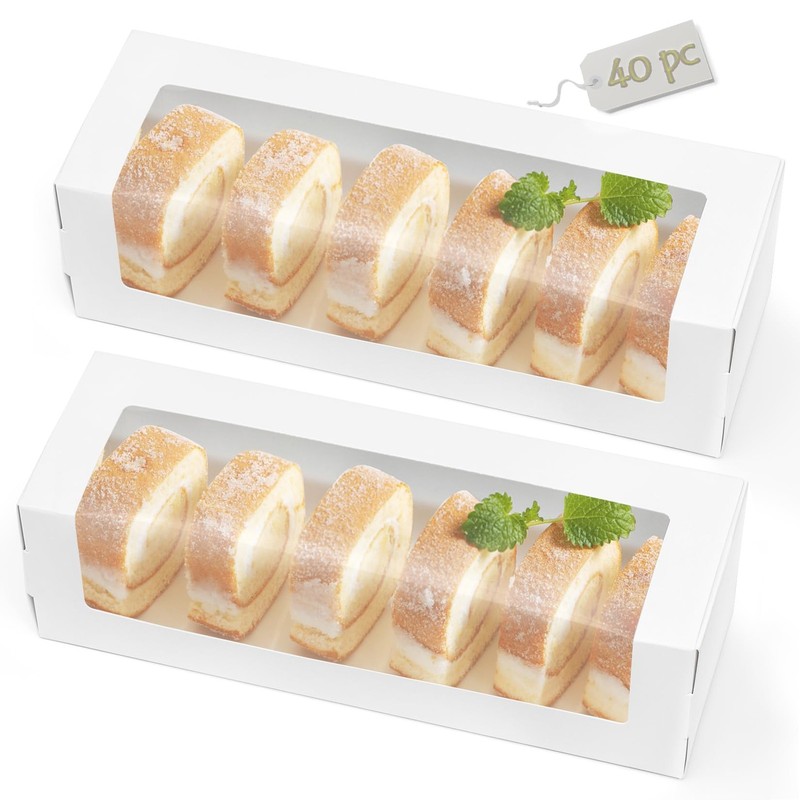 40 Pack White Bakery Boxes with Window, 12 x 4 x 3.5 Inch Roll Cake Boxes, Re…