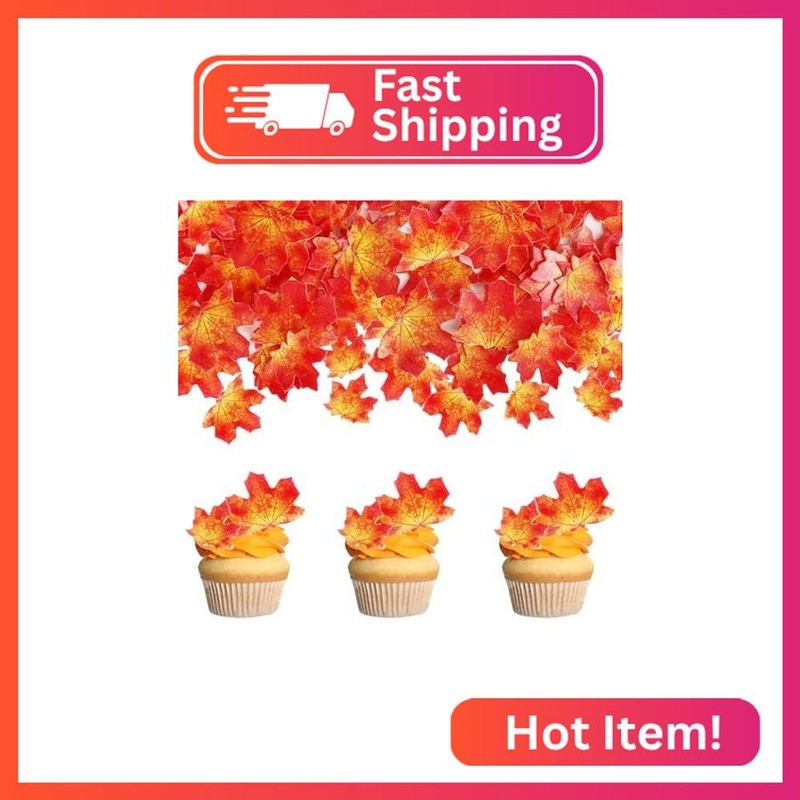 50 PCS Edible Fall Leaves Cupcake Toppers Wafer Paper Autumn Maple Leaves Cupcak