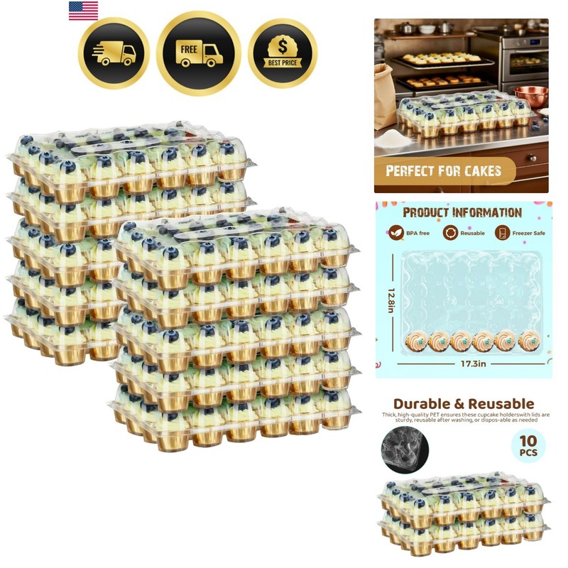 24 Pack x 10 Sets Count Cupcake Containers, Plastic Disposable Cupcake Boxes …