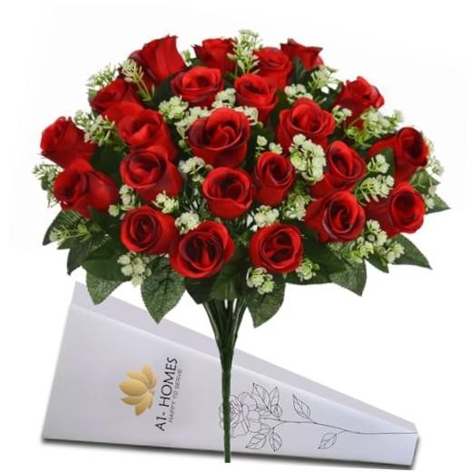 6" Artificial Silk Rose Bush with Gyp & Foliage 24 Flower Heads- Wedding 1 Red gallery