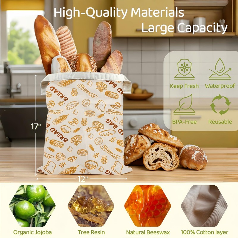2 Pack XL Beeswax Bread Bags with Zipper Seal – Reusable Cotton Linen Waxed B... gallery