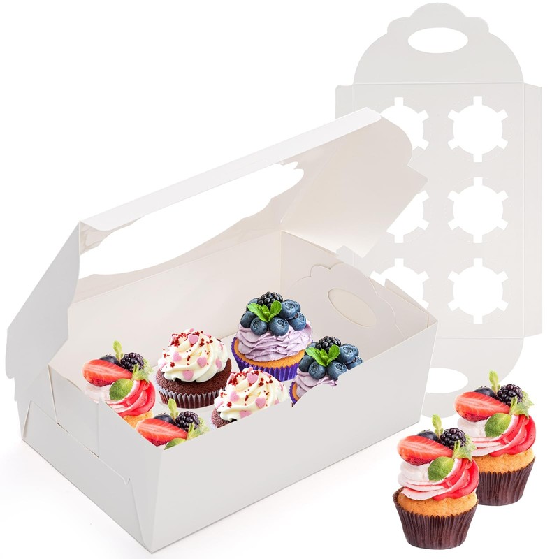 30 Pack Cupcake Boxes 10.2×6.9×4 Inch 6 Count White Containers Window Insert