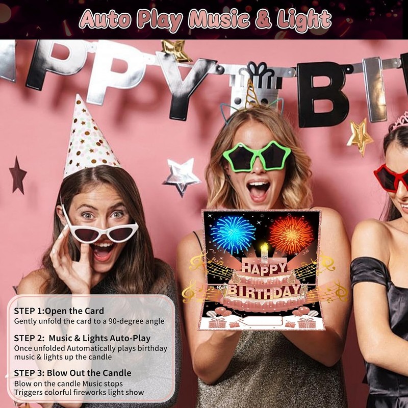 Happy Birthday Cards Pop Up 3D Cake - Firework & Music & Blow Out Candle Light gallery