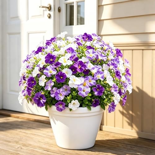 12 Pcs Artificial Petunia Flowers for Outdoors, Artificial Fake Purple White