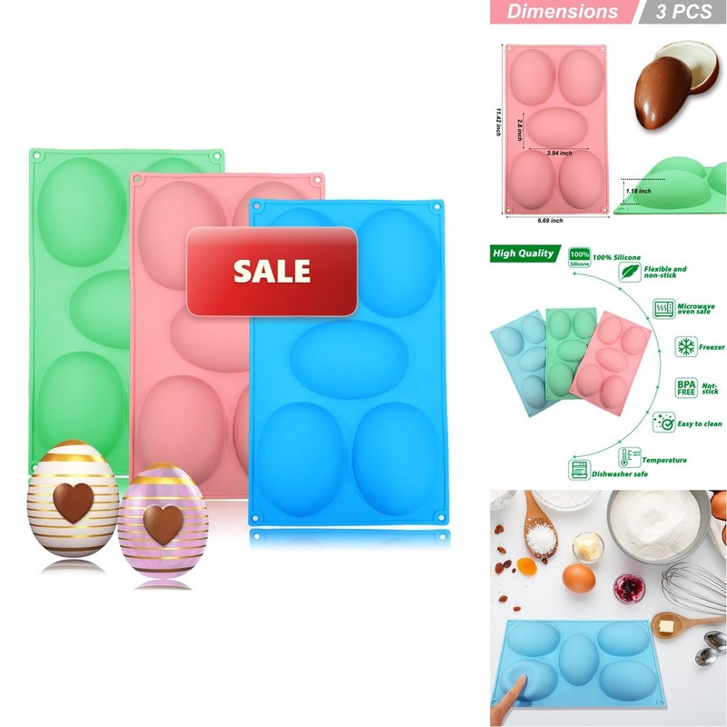 BENEKIY 3 Pack 5 Cavity Easter Egg Silicone Molds for Chocolate Cake Dessert