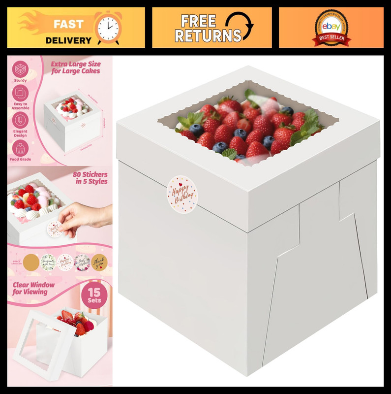 15pcs Tall Cake Boxes 10x10x8″ with Window – White Bakery Treat Boxes for Cookie