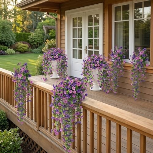 Artificial Hanging Petunia Flowers, 6 Pack UV Resistant Silk Lotus + Purple gallery