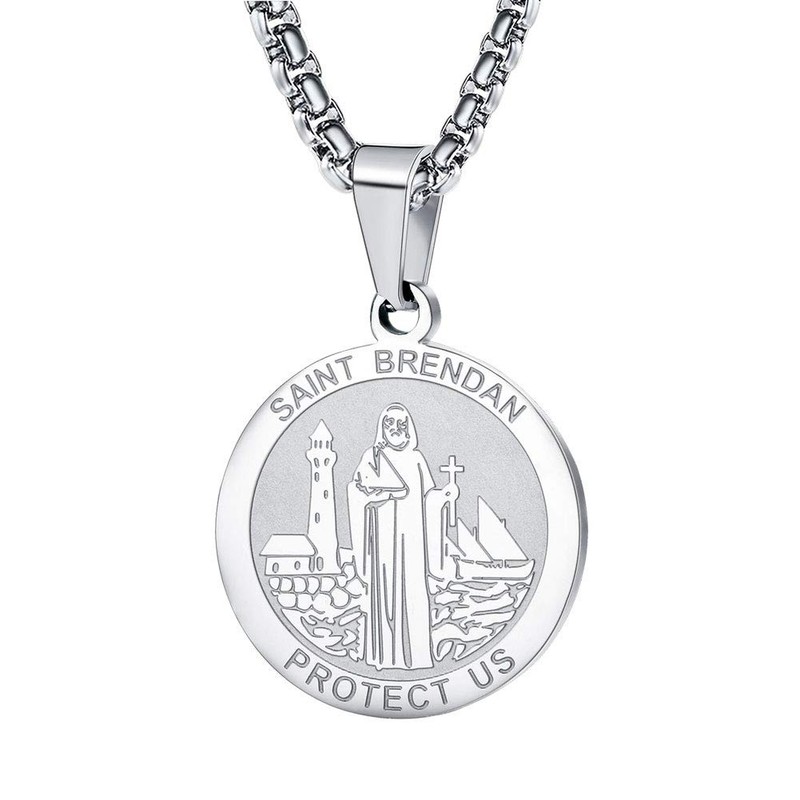 Saint Brendan Necklace – 1″ Stainless Steel Catholic St. Brendan Medal Pendan…
