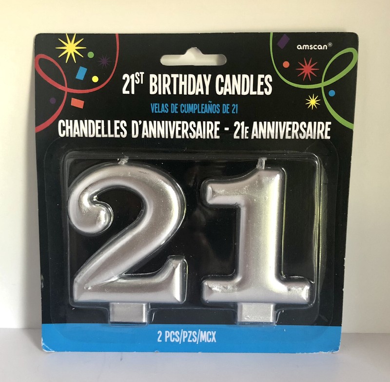 NEW Amscan 21st Happy Birthday Party Cake Topper Silver 21 Candle Holder 2 Piece