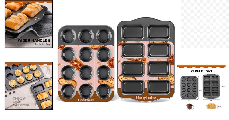 HONGBAKE Nonstick Muffin Pan 12 Cup and Mini Pan+Mini Loaf Pan, Gray gallery