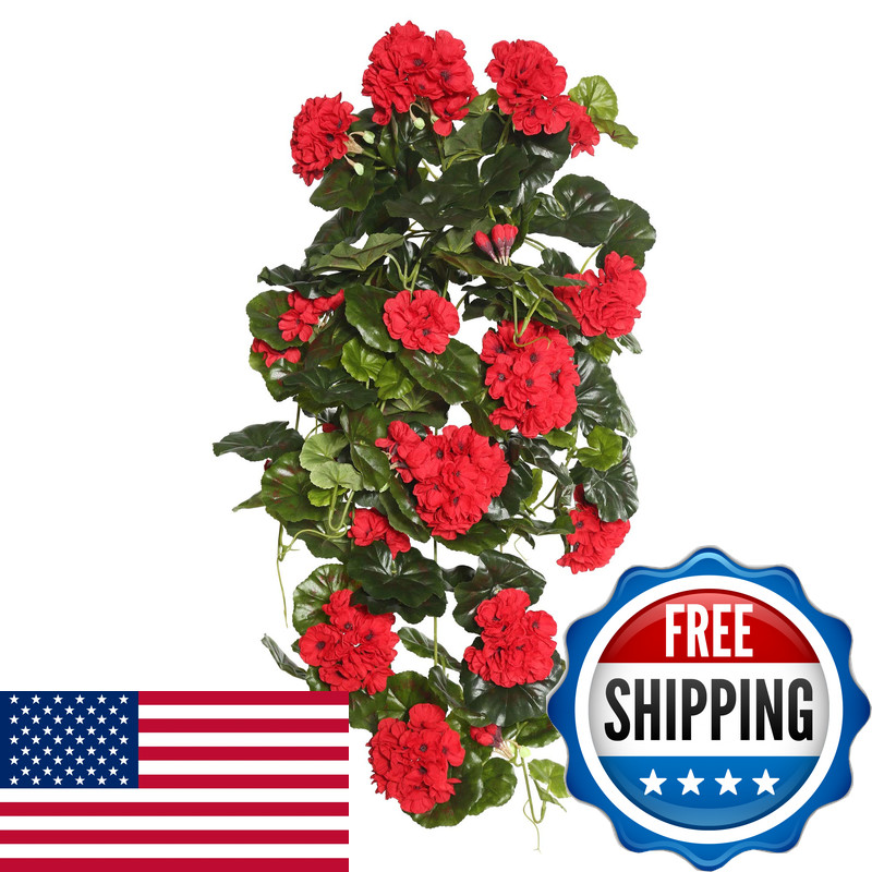 Vickerman Everyday Artificial Red Geranium Hanging Bush 29 Long – Premium Faux