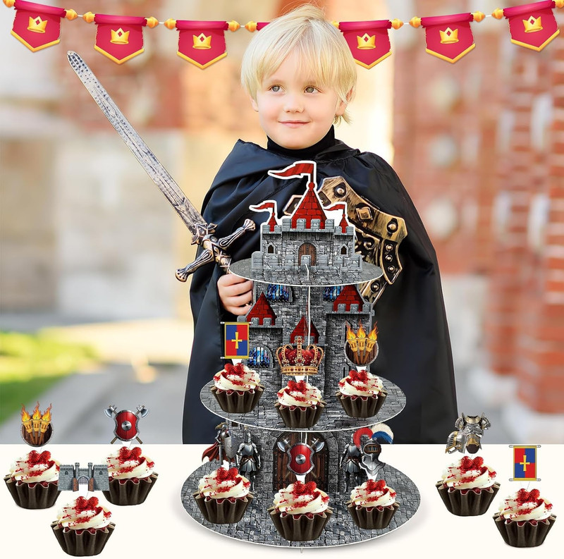 3 Tier Medieval Castle Cupcake Stand Decor with 24 Cake Toppers Knight Birthday gallery