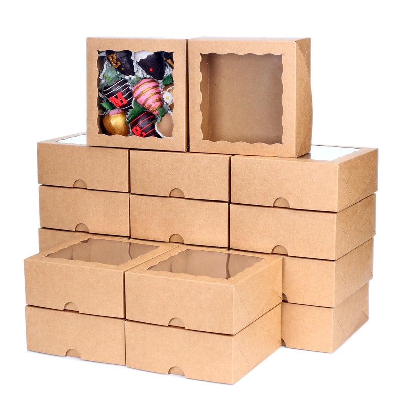 30 PCS Cookie Boxes Window 6x6x2.5 Inch Brown Bakery Treats Desserts Cake
