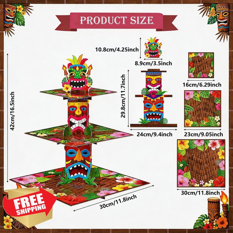 OHOME Luau Cupcake Stand 3 Tier Hawaiian Tiki Cake Holder Tropical Party Decor gallery
