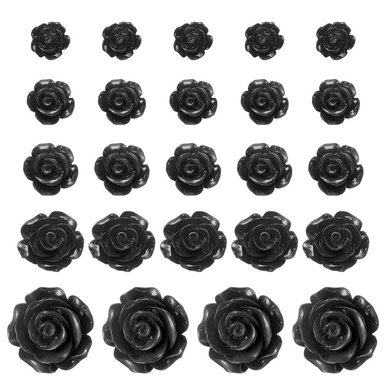 uxcell 60 Pcs Black Resin Rose Flower Beads, 5 Size Flatback Flower Charm Opaque