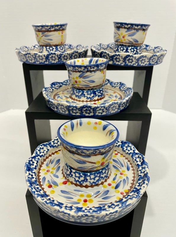 Hand-Painted Ceramic Egg Cups / Mini Cake Stands, Set of 4